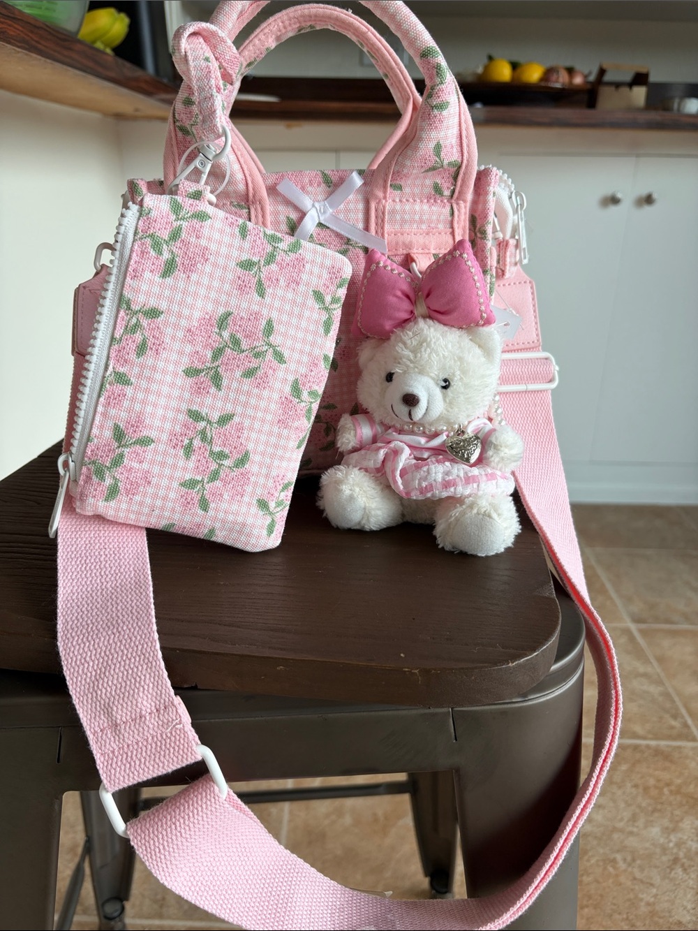 Madden Girl Pink Floral Crossbody with Bear Charm and Matching Pouch